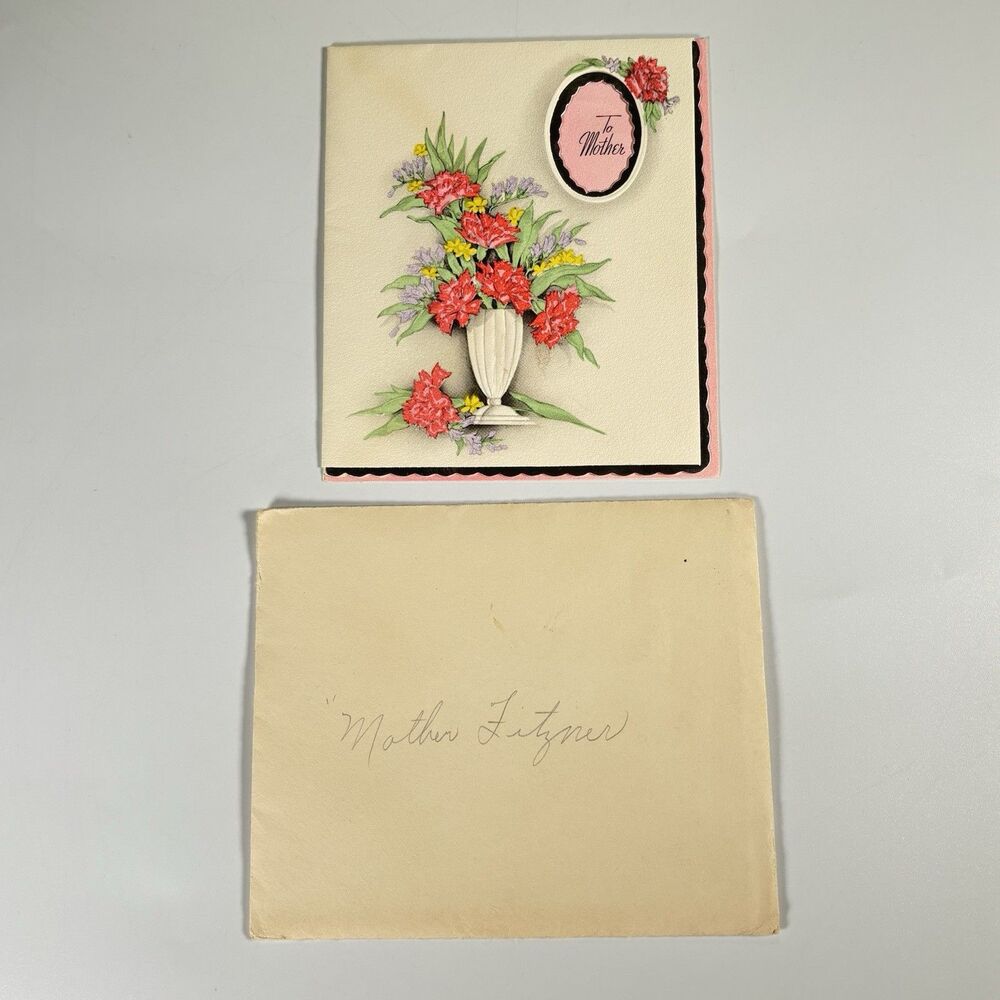 Vintage Mother’s Day Card Die Cut Window Carnations Vase Envelope Embossed Gold